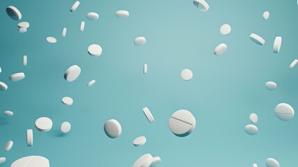 White pills falling on light blue background, perfect for health messages