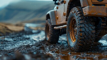 Powerful off road vehicle is driving through a muddy puddle, showcasing its off road capabilities and adventurous spirit