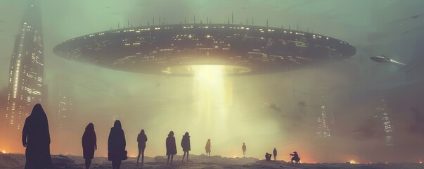 Wall Mural - Alien encounter with group of humans gazing at hovering UFO