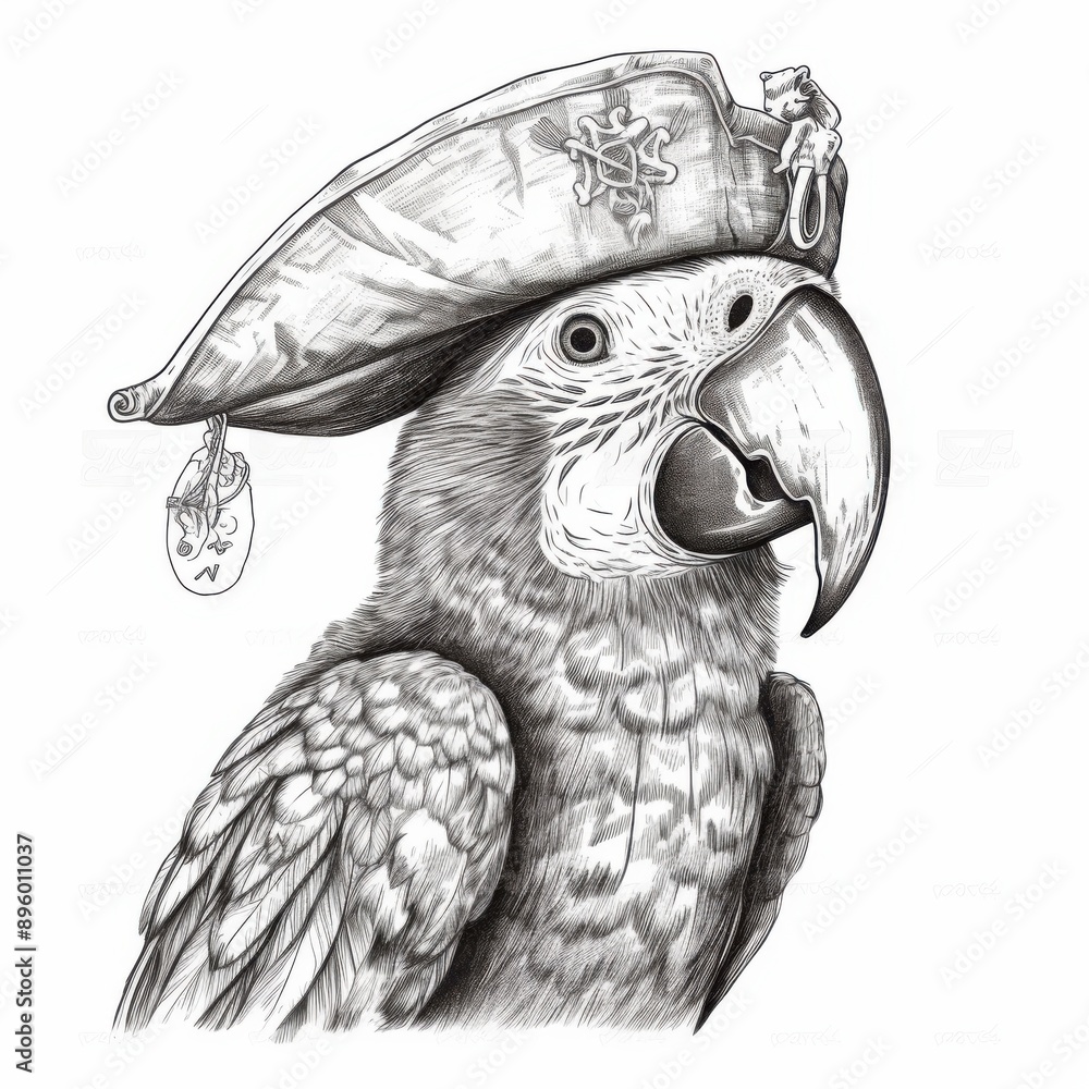 Black and white Vintage engraved art of a parrot with a pirate hat ...