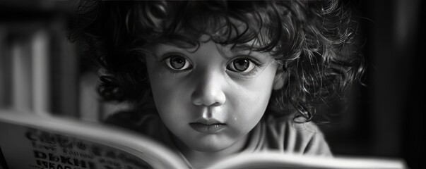 Wall Mural - A young child learning to read, their eyes wide with concentration as they sound out the words.