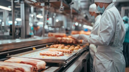 Canvas Print - Production line in the food factory.Factory for the production of food from meat.Industrial equipment at a meat factory.Automated production line in modern food factory.People working..