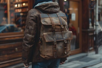 Canvas Print - Stylish Urban Explorer with a Vintage Leather Backpack