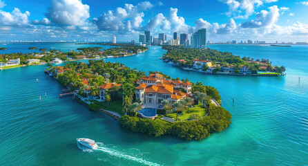 Sticker - A stunning aerial view of the beautiful Beach and its luxurious mansions. It is located on an island in front of a waterway, with some boats passing. The ocean around has a vibrant turquoise col