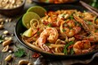© Thanyarat - Delicious Thai shrimp pad thai garnished with lime, peanuts, and fresh herbs served on a wooden table.