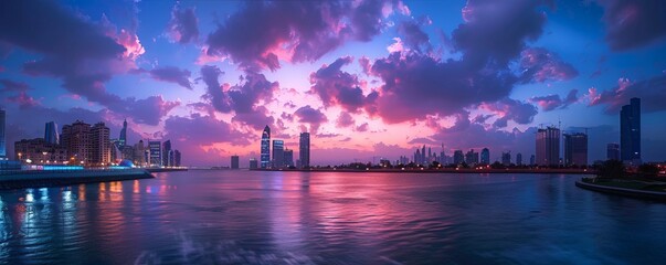 Sticker - Dynamic city skyline at twilight, 4K hyperrealistic photo