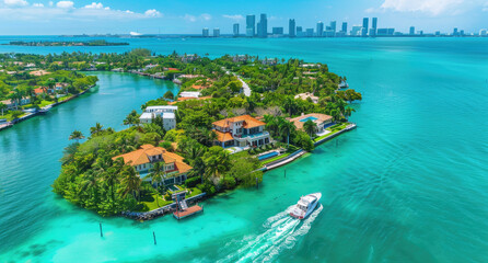 Sticker - A stunning aerial view of the beautiful Beach and its luxurious mansions. It is located on an island in front of a waterway, with some boats passing. The ocean around has a vibrant turquoise col