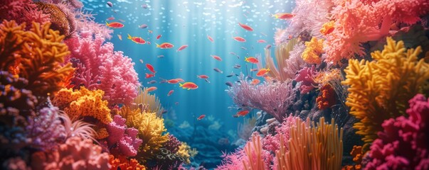 Wall Mural - Colorful Coral Reef Underwater Texture Background, 4K hyperrealistic photo