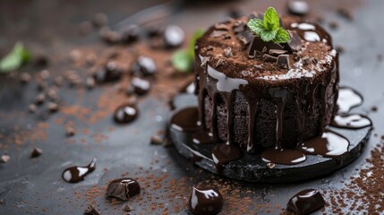 Poster - Rich chocolate dessert on black slate with chocolate drizzle. Delicious chocolate cake topped with fresh mint for sweet treat. Perfect for bakery ads and food blogs. AI