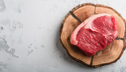 Wall Mural - Fresh beef steak set on textured tree stump with cement floor background. Raw meat. Tasty food.