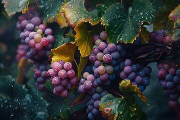 Poster - Lush Grapes Glistening with Raindrops Amidst Vibrant Green Leaves