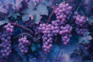 Canvas Print - Lush Clusters of Vibrant Purple Grapes Amidst Rich Green Leaves