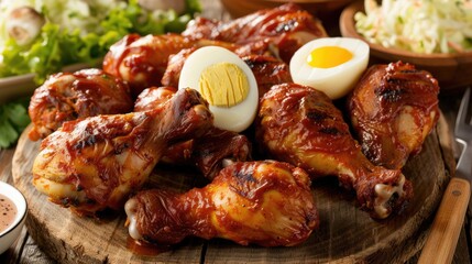 Wall Mural - A close-up of four chicken drumsticks covered in a glossy glaze, served with a side of coleslaw and pickles on a wooden cutting board