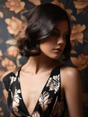 Fashion portrait of gorgeous stylish young woman in floral dress