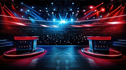 A vibrant stage set with colorful lights, featuring two podiums ready for a debate or competition.