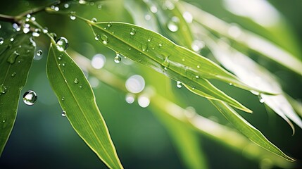 Sticker - A close-up of dewdrops on bamboo leaves