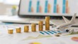 ©  Green Creator - A business scene featuring coins and an airplane model, symbolizing finance and travel growth in various graphs.