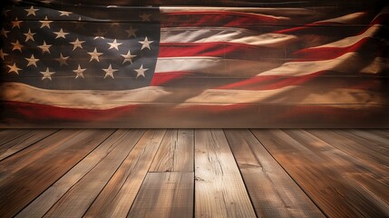 USA flag background - empty wooden table for display montages