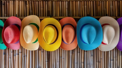 A row of hats hanging on a bamboo wall. The hats are of different colors and styles. The hats are arranged in a way that they are all facing the same direction