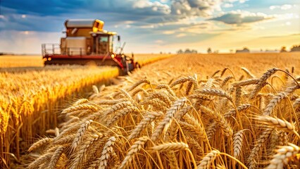 Wall Mural - a close-up photo of wheat being harvested in a golden field, harvest, agriculture, farming, crop, gr