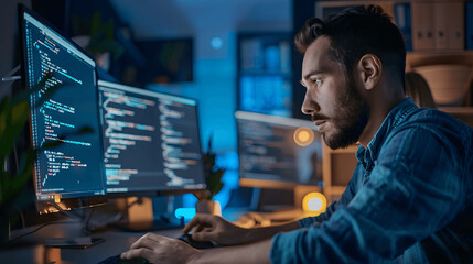 Programmer writing code on whiteboard in contemporary office