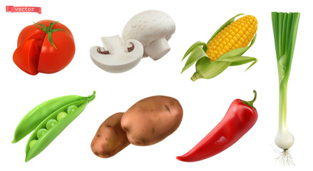 Wall Mural - Vegetables, tomato, mushrooms, corn, pea, potato, pepper, onion. 3d realistic vector set