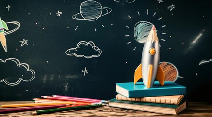 Wall Mural - Imaginative drawing of rockets and space elements on a chalkboard with a rocket-shaped pencil, books, and colored pencils on a wooden table.