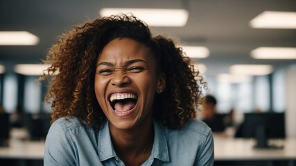 Poster - young african woman hysterically laughing happy smiling portrait on office background with copy space