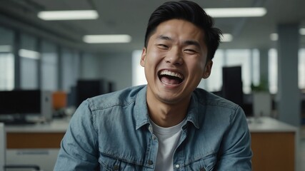 Poster - young asian guy hysterically laughing happy smiling portrait on office background with copy space