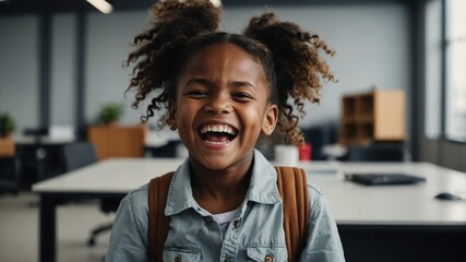 Poster - young kid african girl hysterically laughing happy smiling portrait on office background with copy space