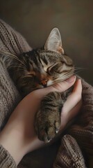 Wall Mural - Tabby Cat Being Gently Petted in Peaceful Studio Portrait