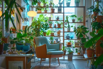 Interior of a modern apartment with green plants and comfortable armchair