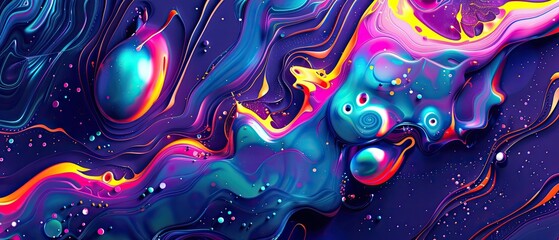 Wall Mural - Vibrant abstract liquid art with dynamic neon colors, swirling patterns, and fluid shapes, creating a mesmerizing visual experience.