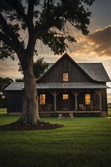 Wall Mural - barn farm house facade front view with tree and dramatic lighting background