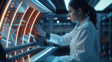 Wall Mural - Young Scientist Operating Futuristic DNA Sequencing Machine in Modern Laboratory Environment