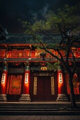 Poster - chinese temple facade front view with tree and dramatic lighting background