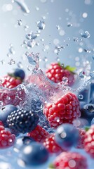 Wall Mural - Fresh raspberries, blueberries and blackberries splashing in water.