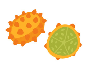 Wall Mural - Exotic horned melon kiwano. Tropical fruit with its distinctive spiky orange rind and bright green flesh. Sweet tasty plant with spikes. Vector illustration isolated on white background