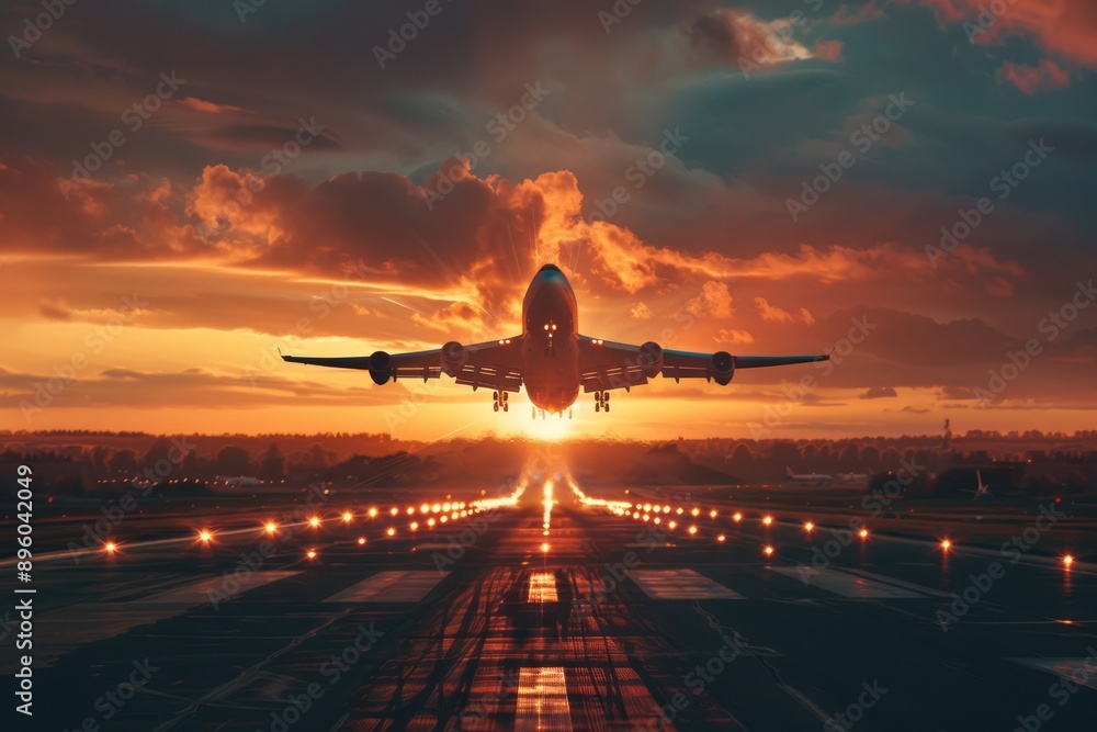 Airplane taking off at sunset from airport runway for departure with ...