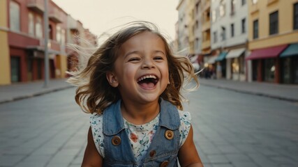 Poster - child toddler girl laughing hysterical happy on casual street city background