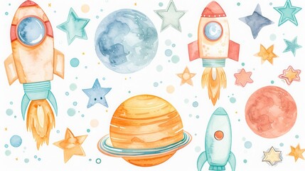 Wall Mural - Watercolor illustrations of cute space elements like planets, stars, rockets and astronauts. The elements are drawn in soft pastel colors, on a simple with a touch of the galaxy in the background. 
