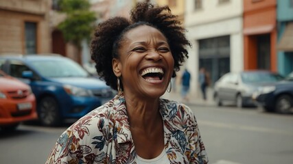 Poster - middle aged african woman laughing hysterical happy on casual street city background