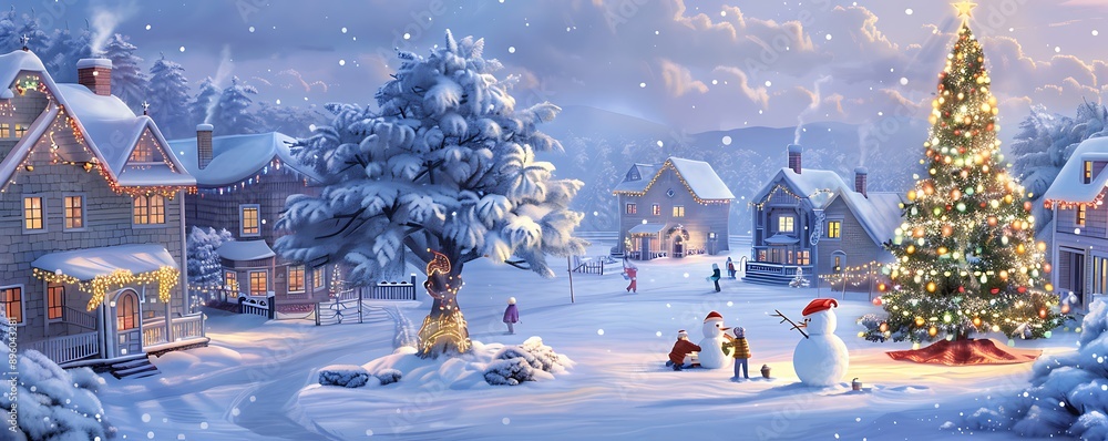 A picturesque snowy village scene with houses decorated with Christmas ...