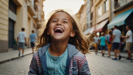 Poster - young kid girl laughing hysterical happy on casual street city background