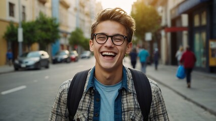 Poster - young nerd guy laughing hysterical happy on casual street city background