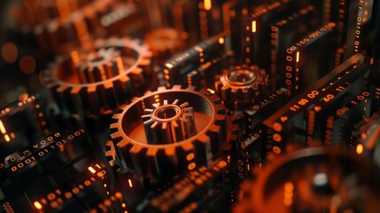 Wall Mural - rust programming language concept with rusty gears emerging from the dark, symbolizing robust and ef