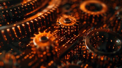 Rust programming language concept with rusty gears emerging from the dark, symbolizing robust and efficient system-level programming.