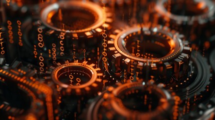 Wall Mural - rust programming language concept with rusty gears emerging from the dark, symbolizing robust and ef