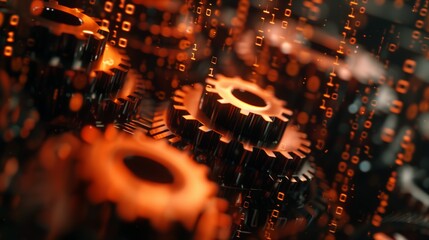 Wall Mural - rust programming language concept with rusty gears emerging from the dark, symbolizing the power and