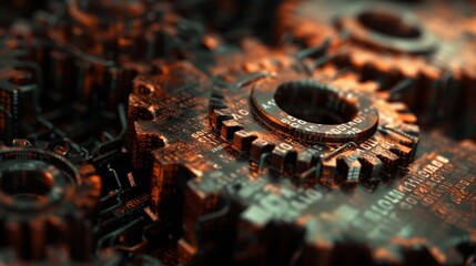 Rust programming language concept with rusty gears emerging from the dark, symbolizing robust and efficient system programming.